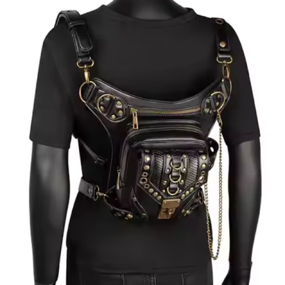 Black Leather Harness Bag Chest Rig Crossbody Festival Biker Utility Bag